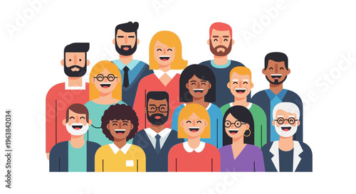 Diverse group of happy people standing together in a colorful illustration