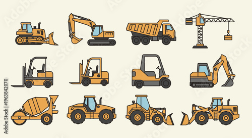 Collection of heavy construction vehicles icons.
