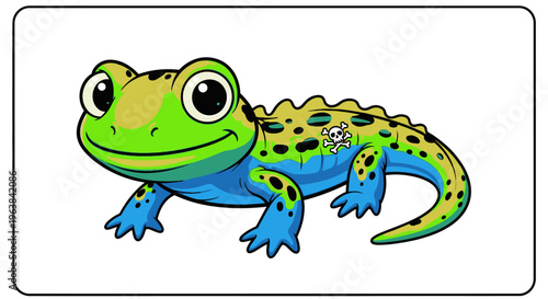 Colorful cartoon green spotted frog smiling.