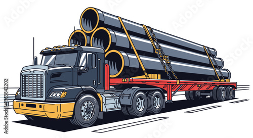 Large truck carrying industrial metal pipes.