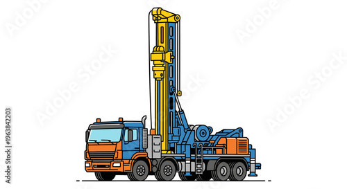 Large truck with drilling equipment attached.