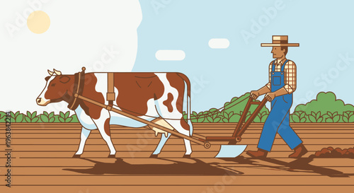 Man plowing field with brown cow.