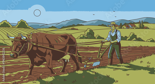 Man plowing field with brown oxen 2.