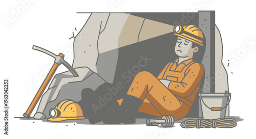 Man wearing orange mining uniform resting.