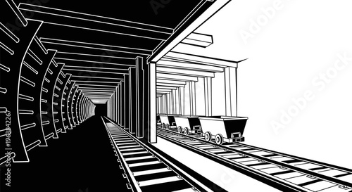 Mine tunnel with train tracks inside.