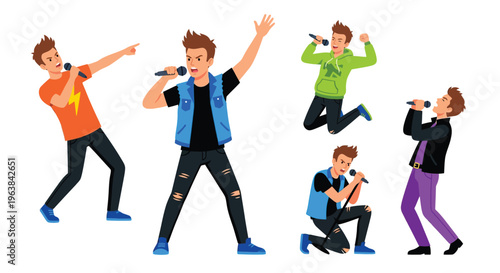 Cartoon illustration of a boy band performing with microphones and energetic poses
