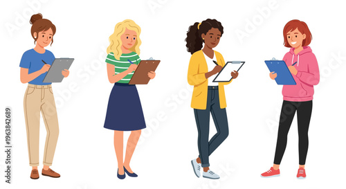 Four young women standing and writing on clipboards outdoors