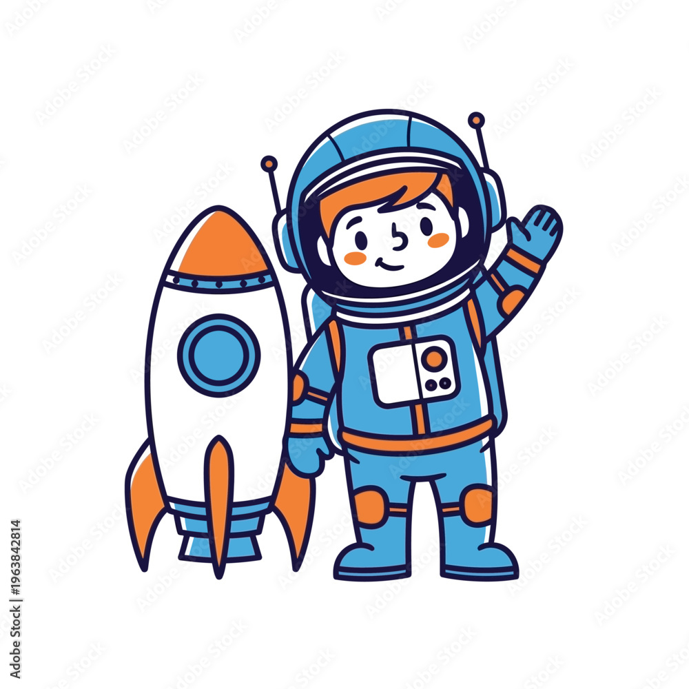 Obraz premium A friendly cartoon astronaut waving next to a rocket, depicted in blue and orange colors.