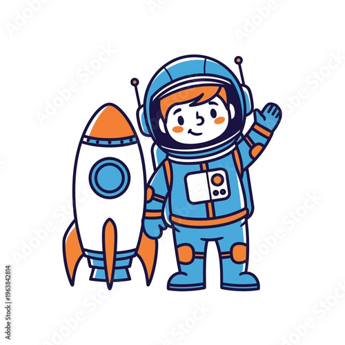 A friendly cartoon astronaut waving next to a rocket, depicted in blue and orange colors.