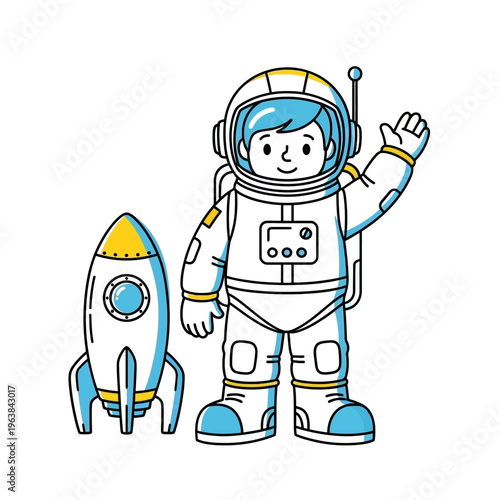 A cheerful cartoon illustration of an astronaut in a spacesuit waving next to a rocket, ready for space exploration.