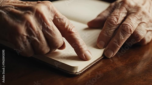 Elderly hand turning page of blank journal on wooden table