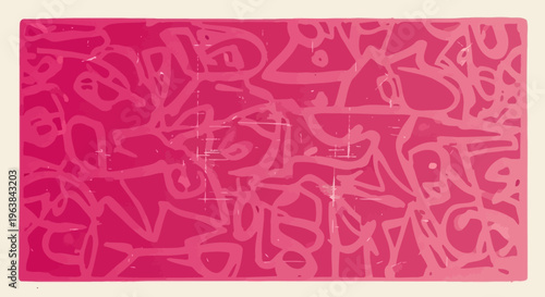 A vibrant pink abstract design features intricate patterns and shapes on a rectangular canvas with a subtle border.