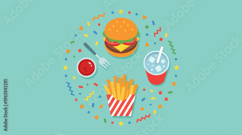 Delicious Fast Food Meal Flat Lay Illustration with Burger Fries and Drink.