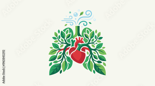 Illustration of Healthy Lungs and Heart with Green Leaves.