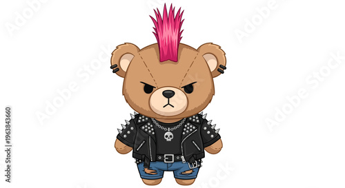 Angry Punk Rock Teddy Bear Vector Illustration with Pink Mohawk and Studded Leather Jacket, Isolated Cartoon Character for Youth Culture and Rebellious Themes