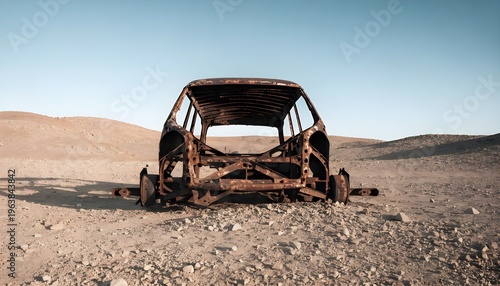 Rusted and abandoned car wreck in a barren desert landscape, post-apocalyptic scenery of a destroyed vehicle frame