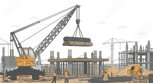 Construction workers with a crane lifting.