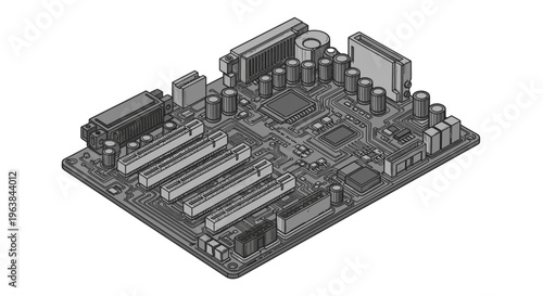 Detailed view of computer motherboard.