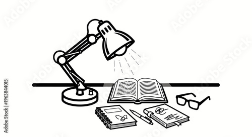 Desk lamp with books and glasses.
