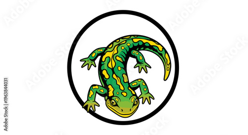 Green lizard in a circle frame.