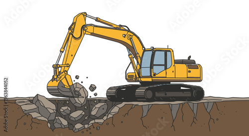 Heavy machinery excavator digging rocks.
