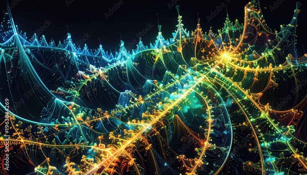Naklejka premium Futuristic Fractal Light Patterns Background with Complex Glowing Neon Lines and Cyber Matrix