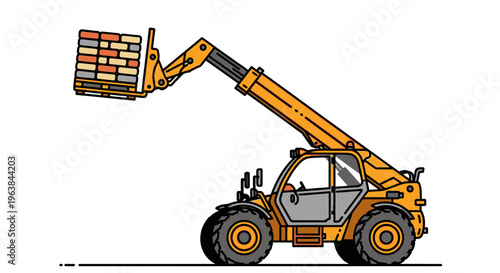 Yellow construction telescopic handler lifting bricks.