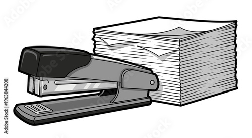 Stapler next to a paper stack.