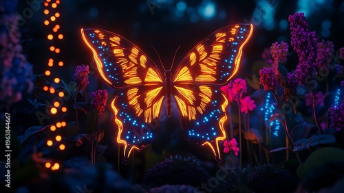 Glowing butterfly illuminated amidst fantasy flora digital art concept illustration