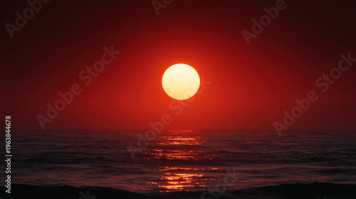 Sun ocean horizon sunset red sky glowing sun reflection on water tranquil evening mood