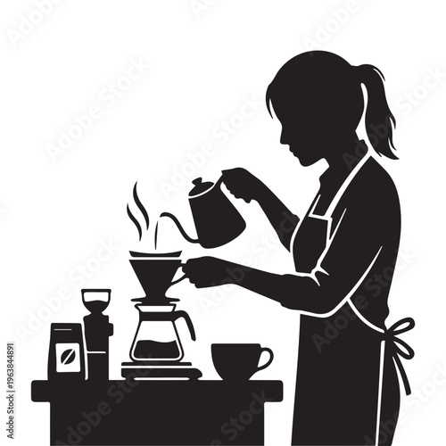 Silhouette of a female barista brewing pour over coffee in a cafe.