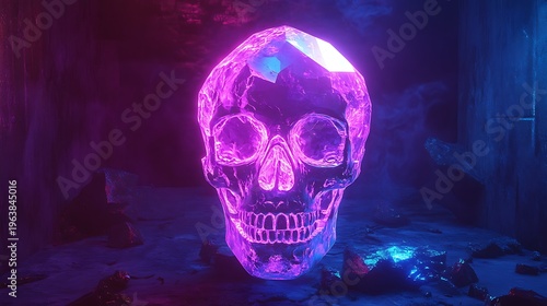 Glowing crystal skull with neon lighting in dark environment artwork