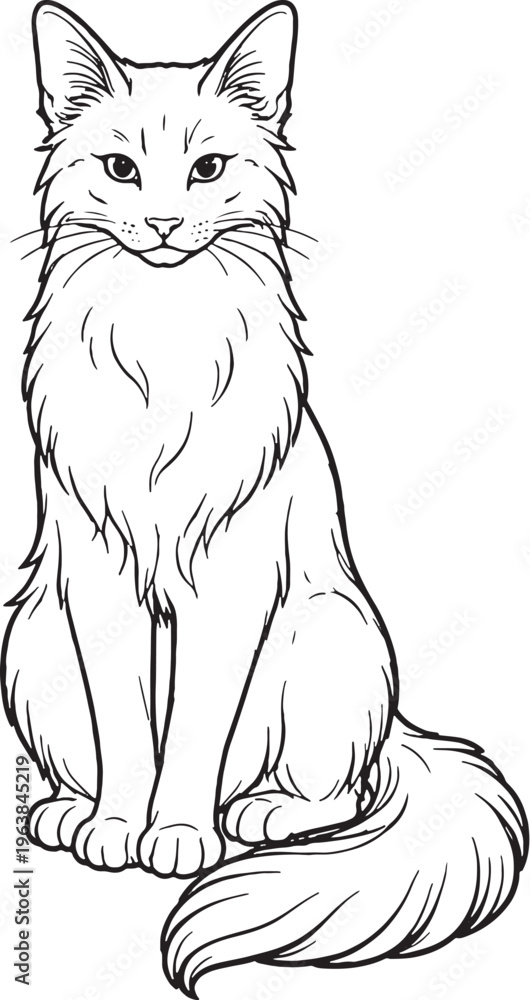 Obraz premium Balinese Cat Sitting Upright Alert Front View Black White Line Art Illustration