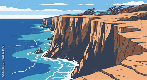 Cliffside Ocean Waves Crashing Shore.