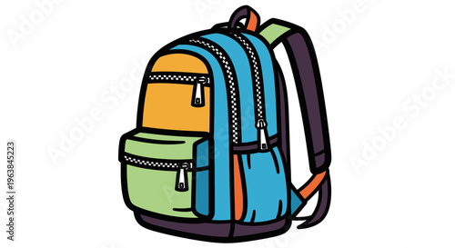 Colorful backpack with multiple pockets.