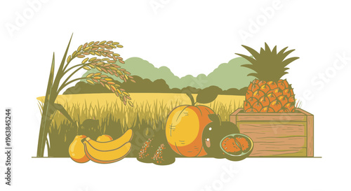 Fresh fruits on wooden crate outside.