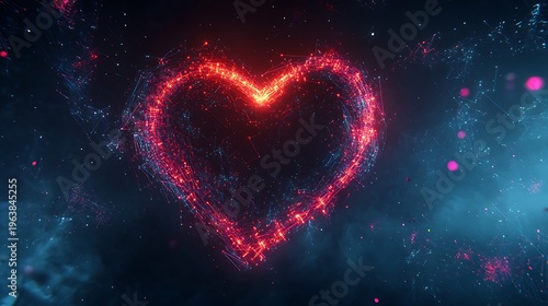 Glowing heart shape against a dark blue background sparking romance love concept