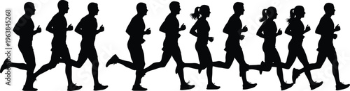 Running silhouettes side view, male and female joggers line, fitness training concept, isolated black vector illustration for sport design use
