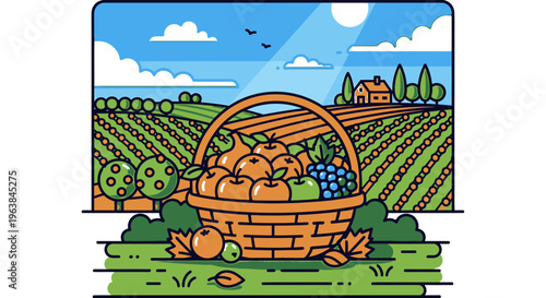 Harvest basket full of fresh fruits.