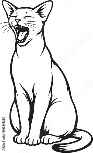 Abyssinian Cat Yawning Black and White Line Art Illustration