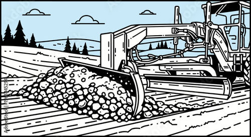 Heavy machinery grading road with rocks.