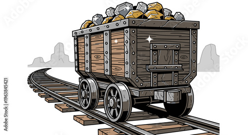 Old mine cart on railroad tracks.