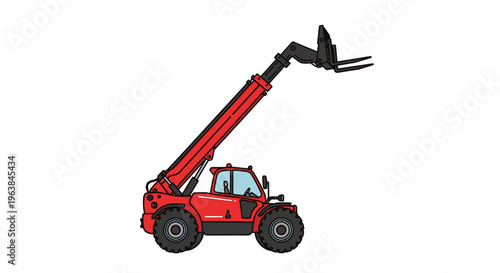 Red telehandler with extended boom arm.
