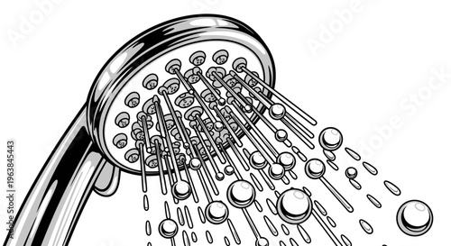 Shower head with water droplets falling.