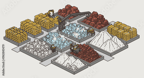 Variety of minerals and ores displayed.