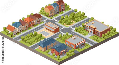 Isometric city neighborhood with residential houses, commercial buildings, roads, and green spaces vector illustration