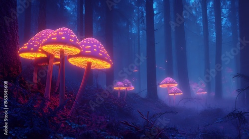 Glowing mushrooms illuminate a mysterious forest scene with ethereal blue light