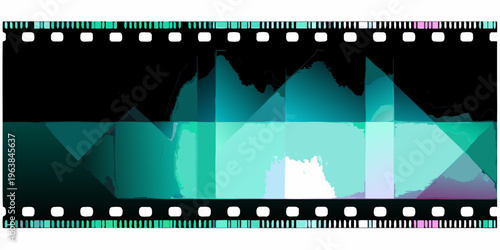 Abstract shapes framed by a film strip border with vibrant colors