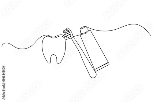 Toothbrush and toothpaste tube with a human tooth in continuous one line drawing style