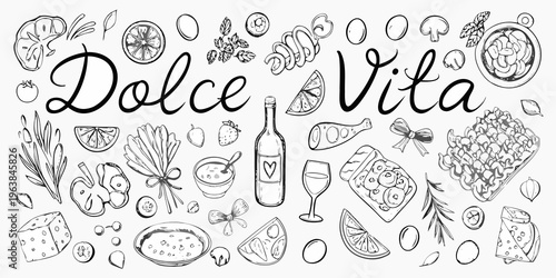 Dolce vita themed hand drawn illustration with food drinks and decorative elements